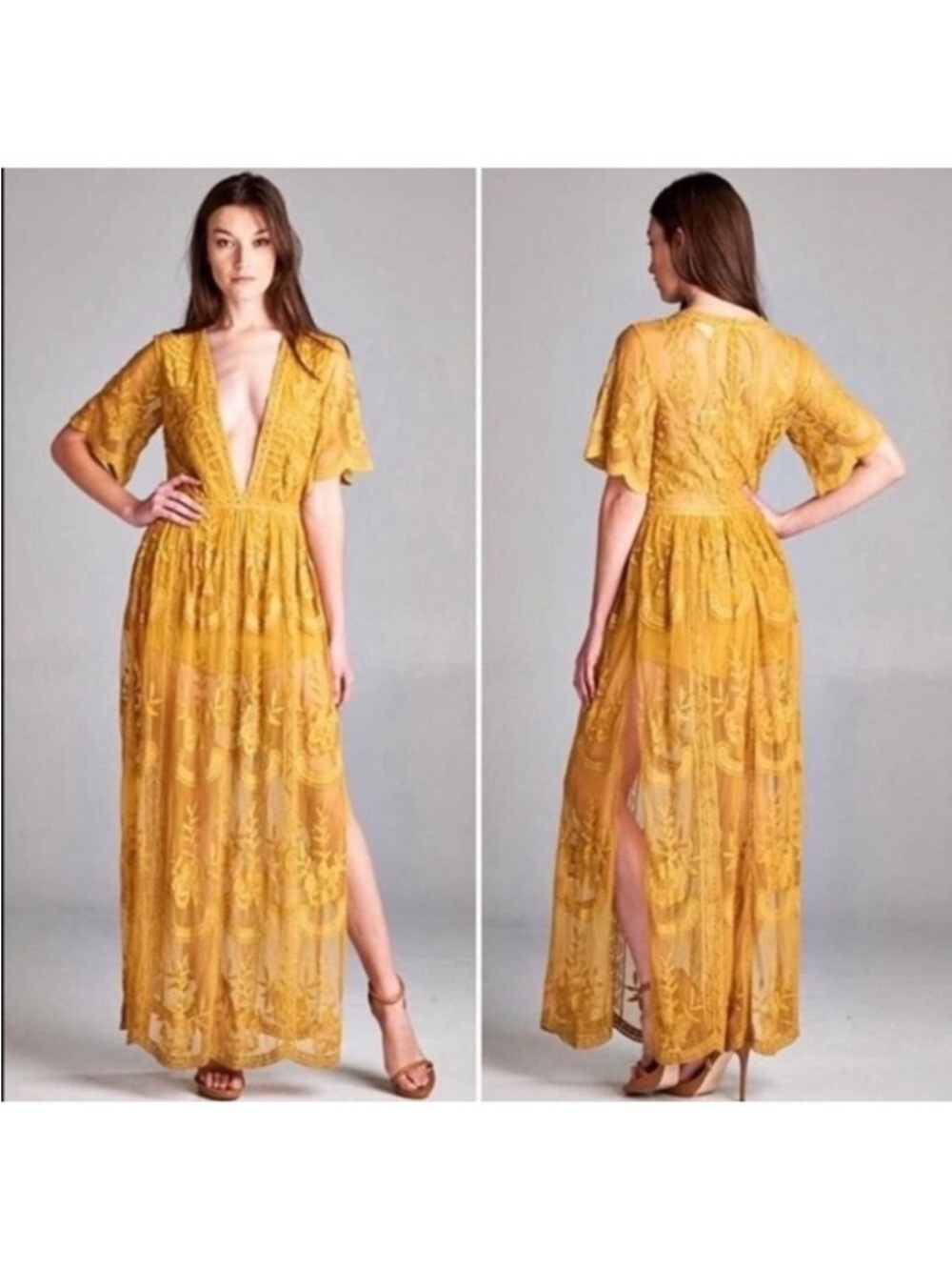 Mustard Yellow Lace Maxi Dress with Deep V